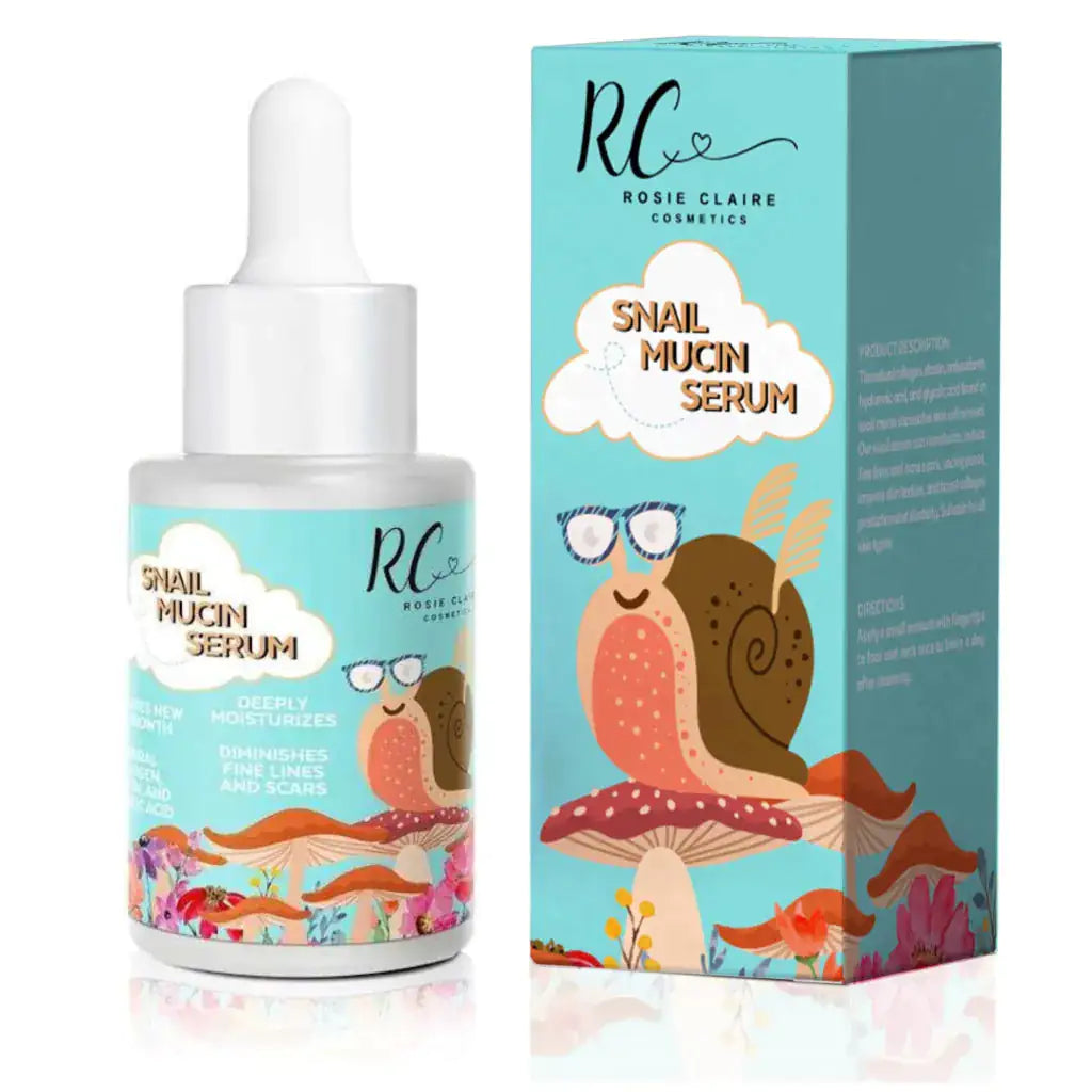 Snail Mucin Serum bottle and packaging with Rosie Claire Cosmetics branding on a white background