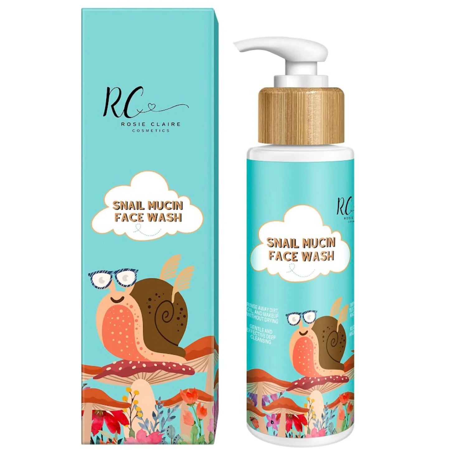 Snail Mucin Face Wash bottle and packaging with cartoon snail design on a white background